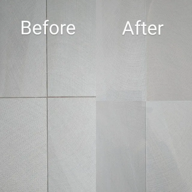 Before and after comparison of tile grout cleaning, showing dingy grout on the left and brightened grout on the right.